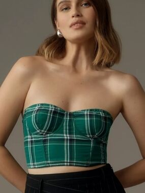 Anthropologie Green Plaid Bustier Top Straps Boned Grunge Edgy chic Y2k